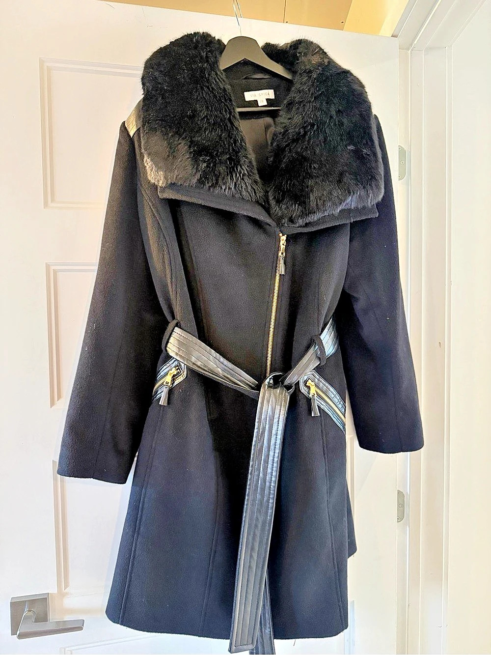 Via Spiga Asymmetric Faux-Fur-Collar Wrap Coat Black 2X